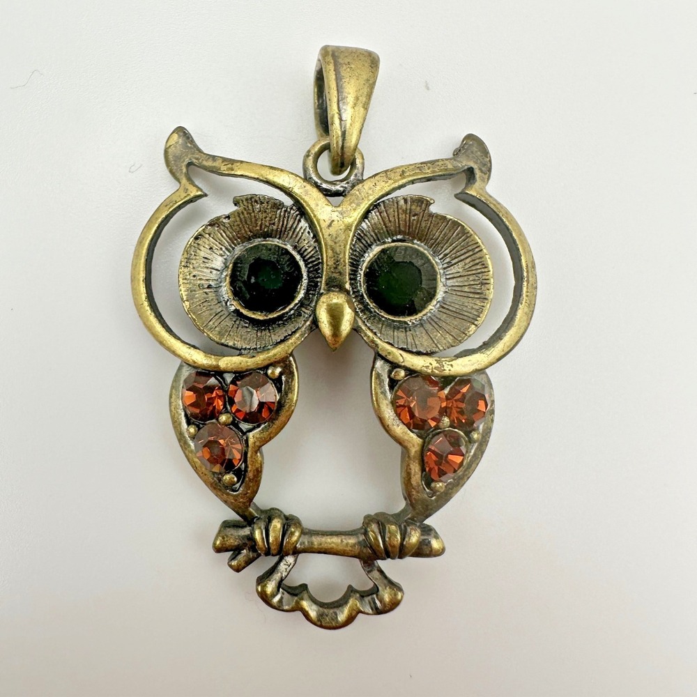 VTG Gold Tone Owl Pendant Charm Antique Rhinestone Women's Jewellery